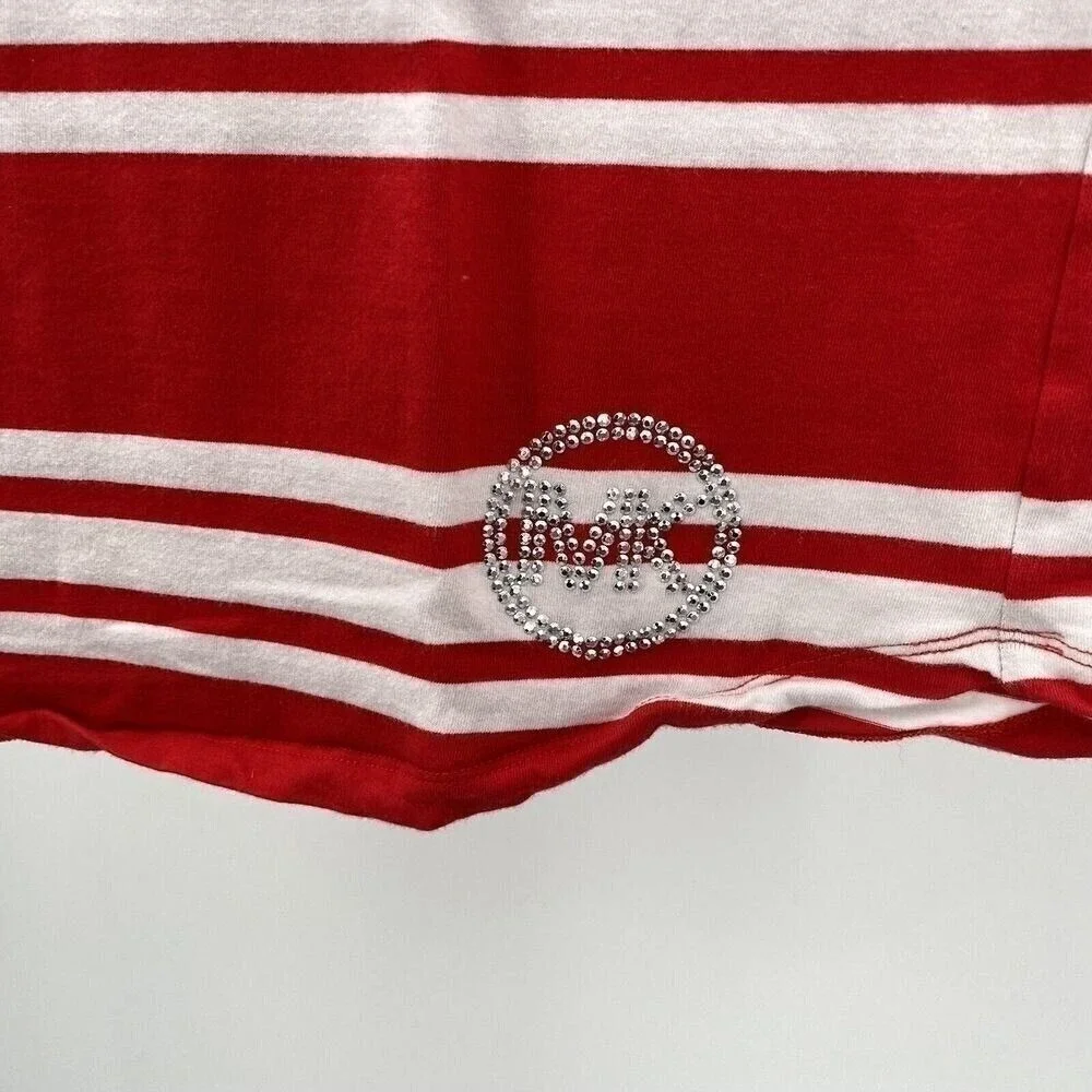Michael Kors Women S Red White Striped Rhinestone Logo Zip Back T-Shirt Dress